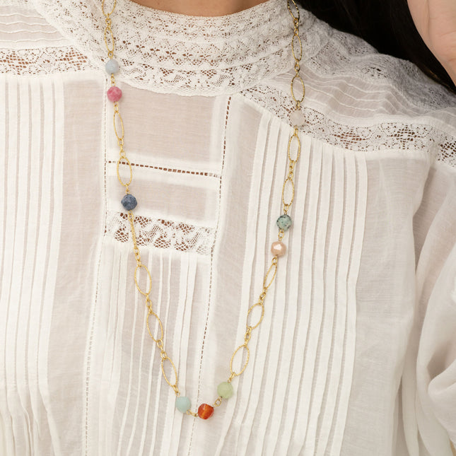 Necklace - grooved links and natural stones