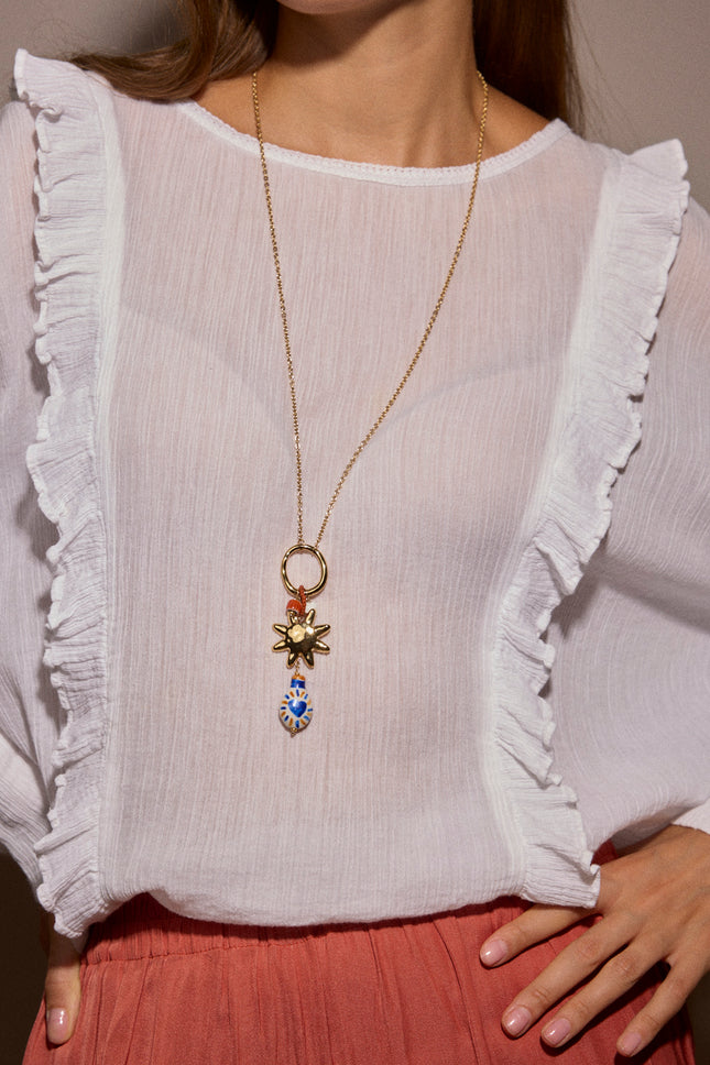 Necklace - sun, enamel ceramic bead, pearlescent heart bead and beads