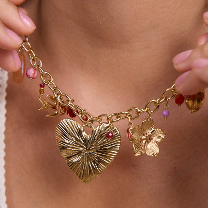 Necklace - enameled ceramic beads, natural stones, bird, heart, flower