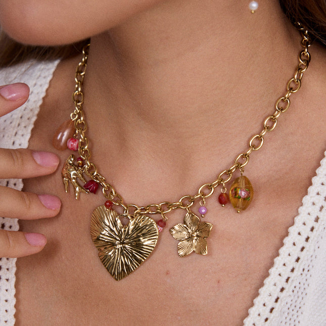 Necklace - enameled ceramic beads, natural stones, bird, heart, flower