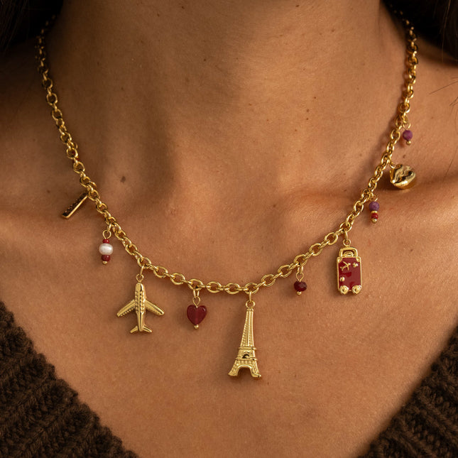 Necklace - Eiffel Tower, airplanes, heart, mouth and enamel LOVE plaque