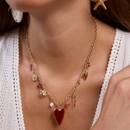 Ithéa Necklace - square, bird, hearts, flower, natural stones, ceramic and enamel