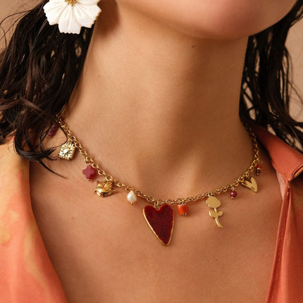 Collier Ithéa - carré, oiseau, coeurs, fleur, pierres naturelles, céramique et émail
