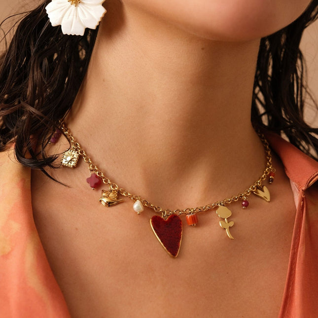 Ithéa Necklace - square, bird, hearts, flower, natural stones, ceramic and enamel