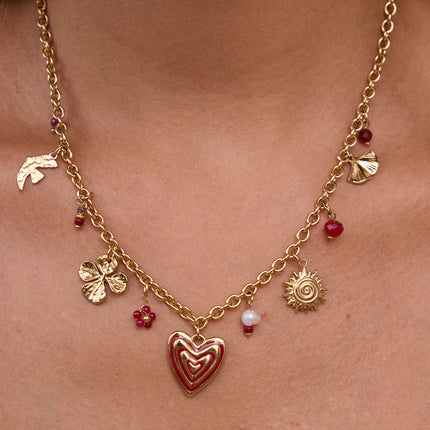 Necklace - sun, heart, clover, and pearls