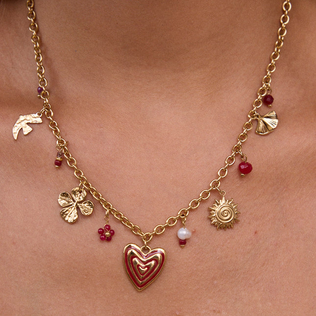 Necklace - sun, heart, clover, and pearls