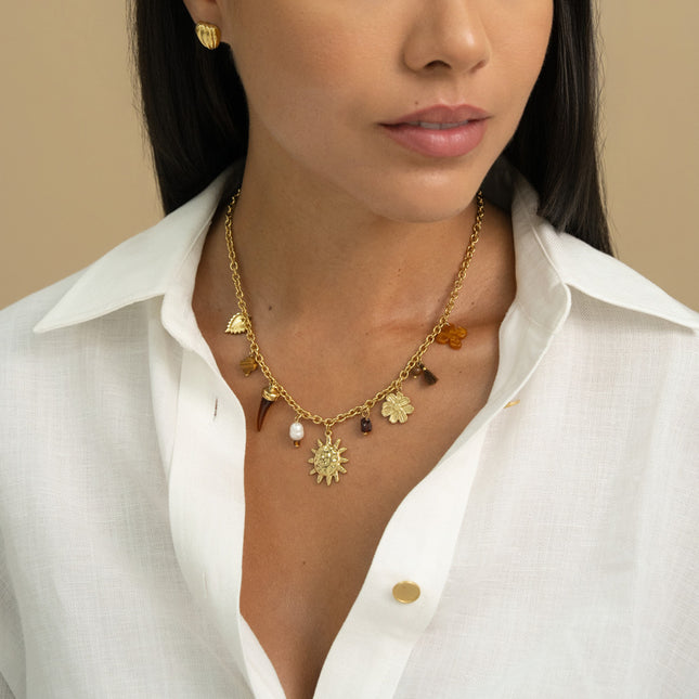 Necklace - natural stone clover, freshwater pearl, sun, moon, tassel, resin horn