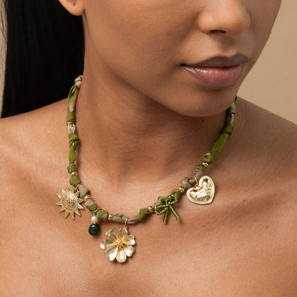 Necklace - ribbon fabric, sun, flower, heart, beaded knot