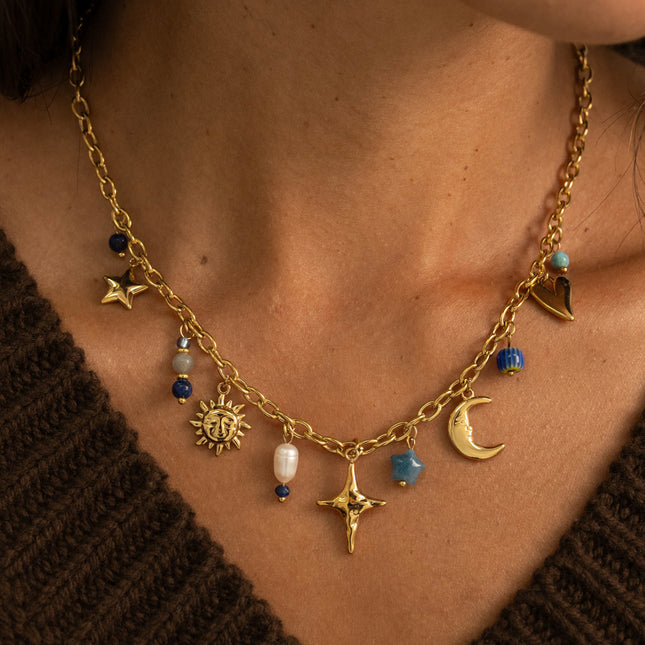 Collier - pierres naturelles, soleil, étoile du nord, croissant de lune, céramique émaillée, étoile, perle d'eau douce