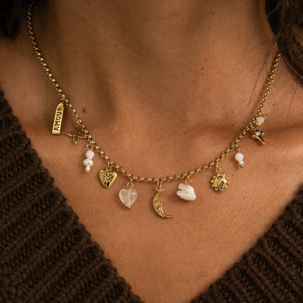 Necklace - hearts, crescent moon, sun, natural stones