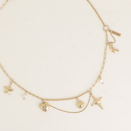 Collier - soleil, croissant de lune, étoiles, plaquette AMOUR, coeur, perle d'eau douce