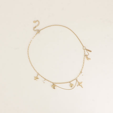Collier - soleil, croissant de lune, étoiles, plaquette AMOUR, coeur, perle d'eau douce
