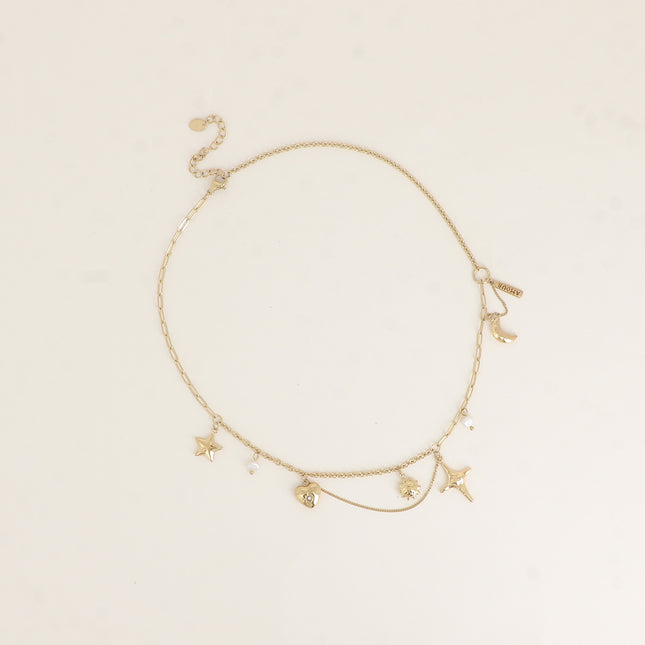 Collier - soleil, croissant de lune, étoiles, plaquette AMOUR, coeur, perle d'eau douce