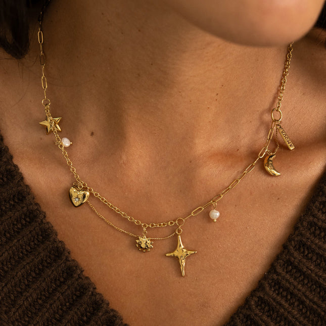 Collier - soleil, croissant de lune, étoiles, plaquette AMOUR, coeur, perle d'eau douce
