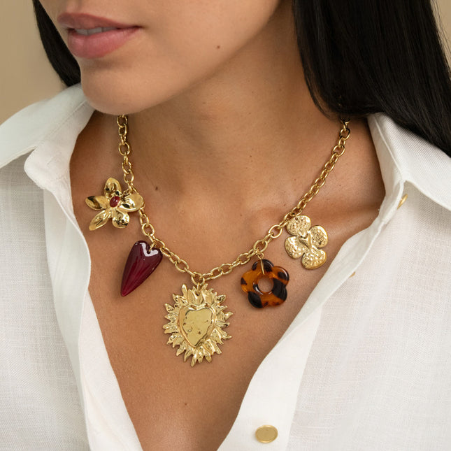 Necklace - charms (flower, resin heart, flaming heart, resin flower, clover)