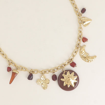 Collier - breloques (pierres naturelles, fleur trèfle, résine, croissant de lune martelé, soleil)