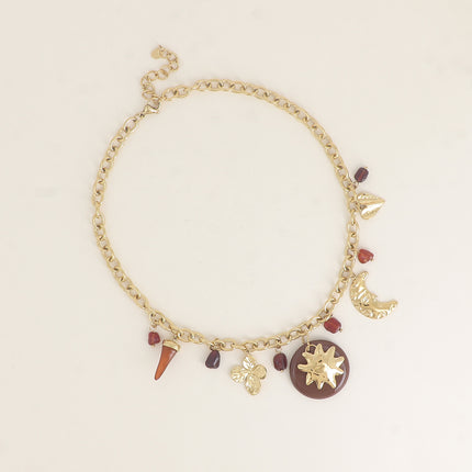 Collier - breloques (pierres naturelles, fleur trèfle, résine, croissant de lune martelé, soleil)