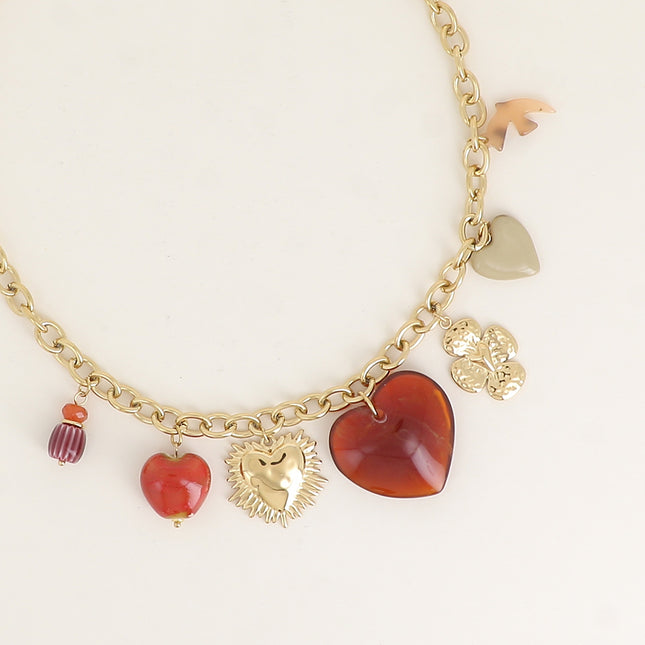 Necklace - resin hearts, glazed ceramic