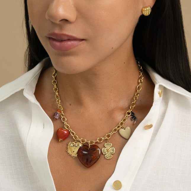 Necklace - resin hearts, glazed ceramic
