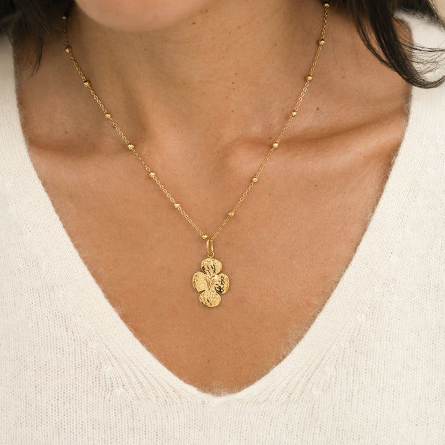 Necklace - beaded chain, hammered clover with heart
