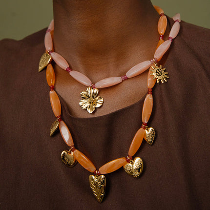 Bloomy Necklace - on cable, resin beads, stainless steel rings and 3 pendants (flower, heart, sun)