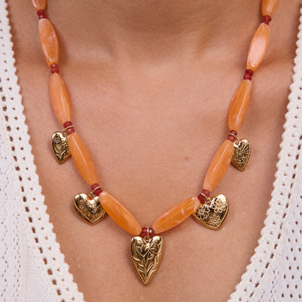 Amora necklace - on a cable, resin beads, heart-shaped flower-engraved charms