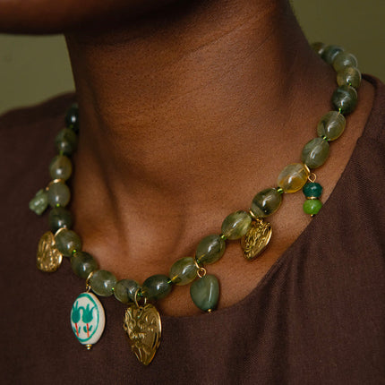 Avely necklace - on a cable chain, with hearts, an elephant, beads, and engraved flowers