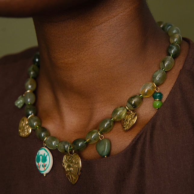 Avely necklace - on a cable chain, with hearts, an elephant, beads, and engraved flowers