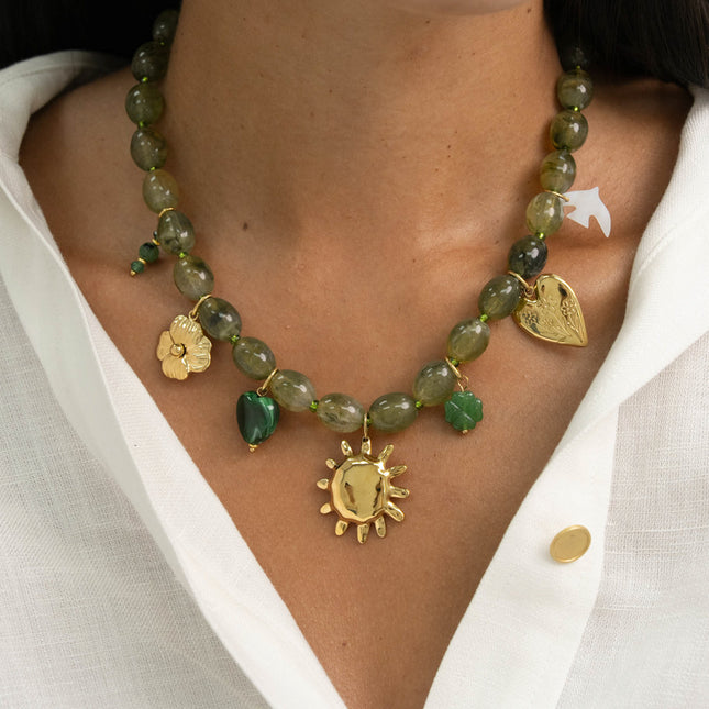 Cable necklace - resin beads, flower, hearts, clover, sun
