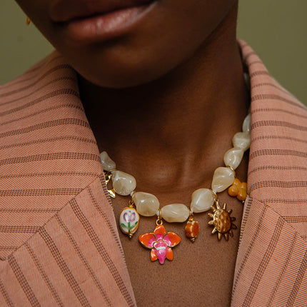 Dune Necklace - on wire, resin beads, bird, ceramic bead, orchid flower, sun