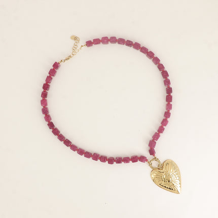 Collier - sur câble avec perles en pierres naturelles et pendentif coeur et oiseau gravé