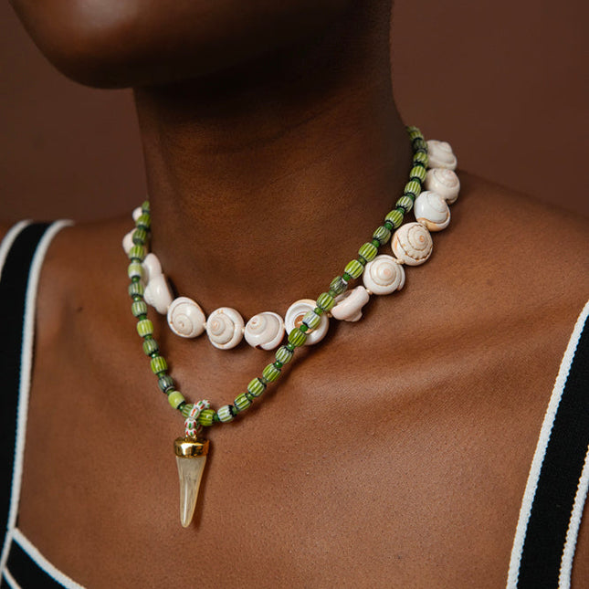 Natura Necklace - on wire, enamelled ceramic beads, resin horn pendant