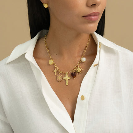 Collier - résine, soleil, coeur émaillé, croix religieuse, croissant de lune