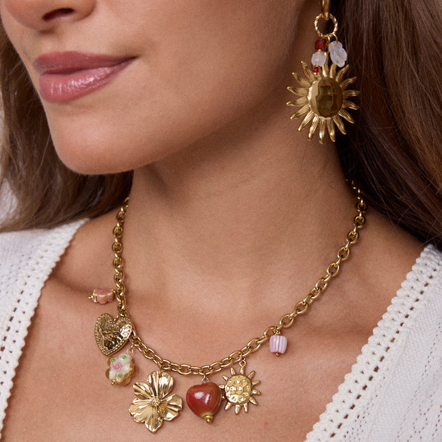 Collier - coeurs, fleurs, soleil, résine et céramique émaillée