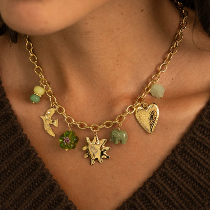 Necklace - sun, flower, elephant, engraved bird, heart, clover