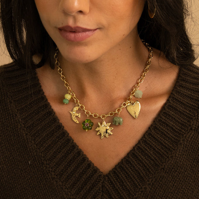 Collier - soleil, fleur, éléphant, coeur, oiseau gravé, trèfle