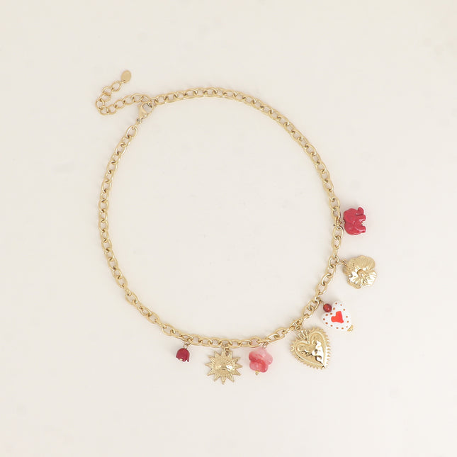 Collier - breloques (coeurs, soleil, fleurs)