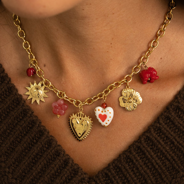 Collier - breloques (coeurs, soleil, fleurs)