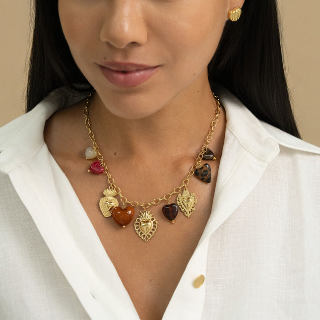 Necklace - heart charms of all compositions (resin, leopard)