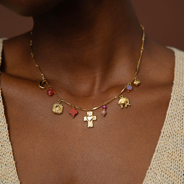 Collier Dolce - pierres naturelles, soleil, trèfle, éléphant