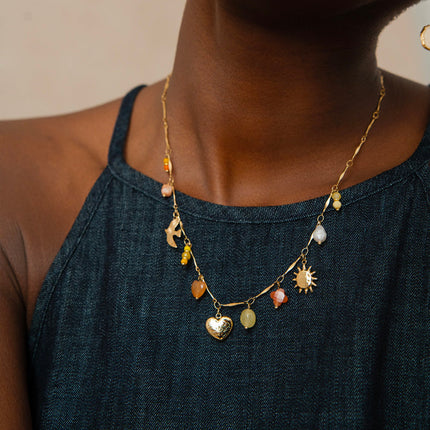 Sunny Necklace - natural stones, bird, heart, sun, clover