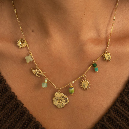 Collier - trèfle, soleil, oiseau, fleur, coeur, perle en céramique émaillée, pierres naturelles