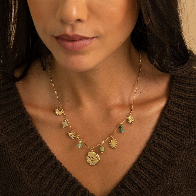 Collier - trèfle, soleil, oiseau, fleur, coeur, perle en céramique émaillée, pierres naturelles