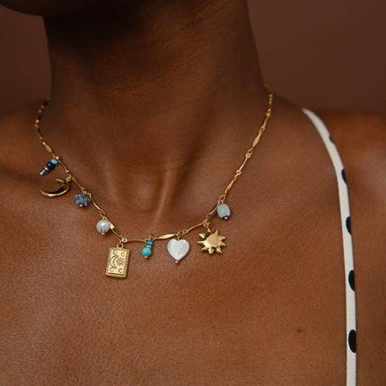 Azul Necklace - sun, mother-of-pearl heart, crescent moon charm, stars, natural stones