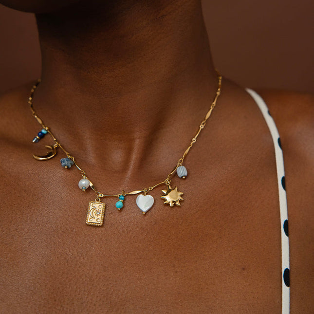 Azul Necklace - sun, mother-of-pearl heart, crescent moon charm, stars, natural stones