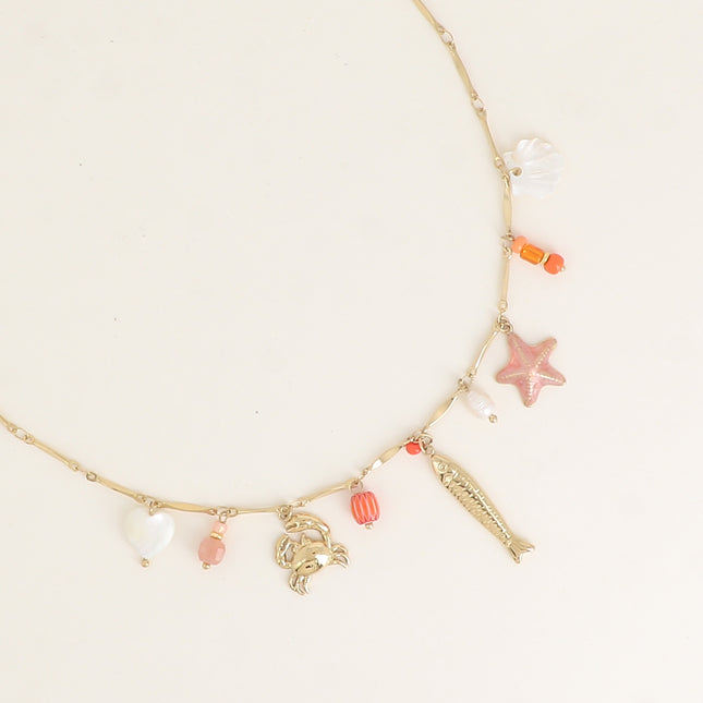 Collier - coeur et coquillage nacrés, crabe, étoile de mer émaillée, poisson, perle d'eau douce