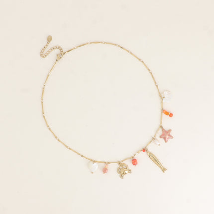 Collier - coeur et coquillage nacrés, crabe, étoile de mer émaillée, poisson, perle d'eau douce