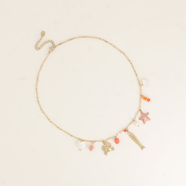 Collier - coeur et coquillage nacrés, crabe, étoile de mer émaillée, poisson, perle d'eau douce