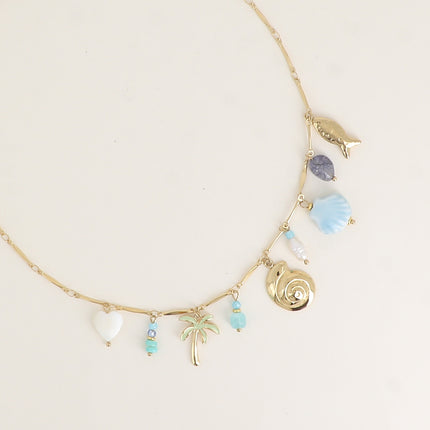 Collier - coeur nacré, coquillages, perles d'eau douce, céramiques