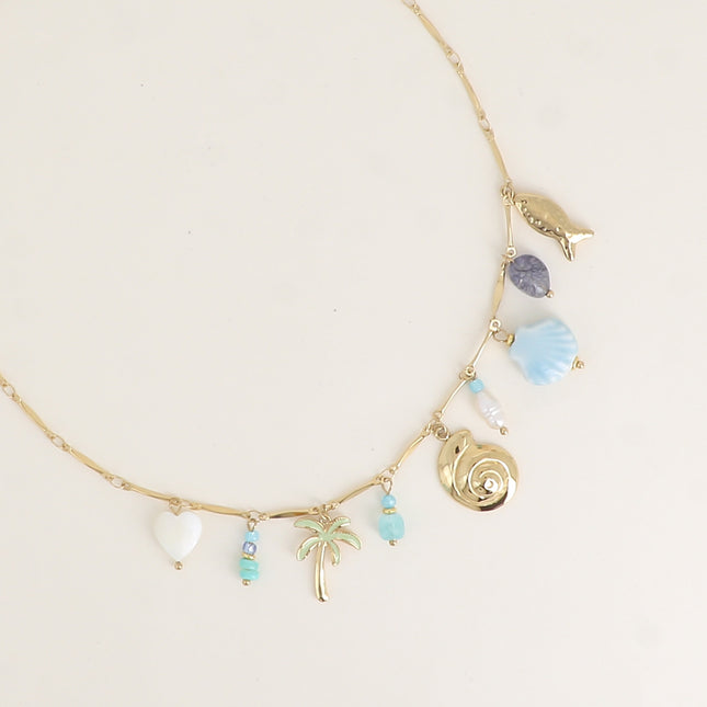 Collier - coeur nacré, coquillages, perles d'eau douce, céramiques